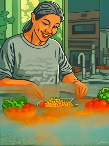 Happy menopausal woman preparing healthy balanced meal - menopause nutrition wellness