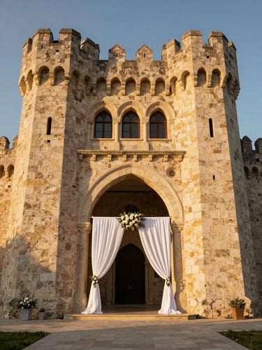 Golden-hour light on the facade of a limestone castle in the Balkans, ceremony arch draped in white linen visible through an arched doorway, empty and still, shot from a low wide angle with warm sky above