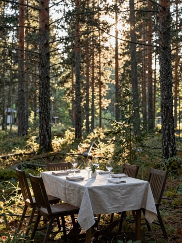 Diffused morning light through tall pine trees over a private outdoor dining table set for four in a Nordic forest clearing, linen napkins, glassware catching the light, no people present, serene and still