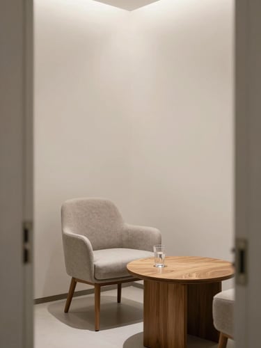 Warm diffused daylight inside a minimalist private clinic consultation room, a single upholstered chair beside a low wooden table with a glass of water, white walls, calm and architectural, no people