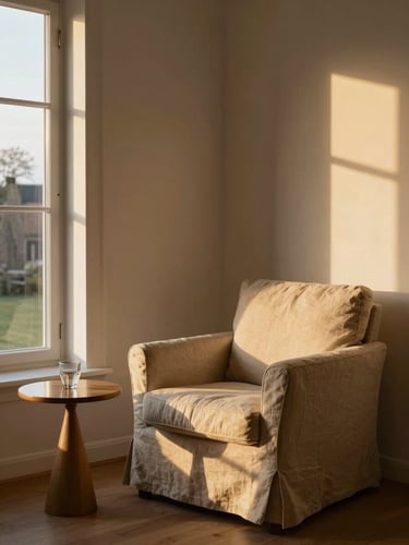 Quiet corner of a Scandinavian villa interior, late-afternoon golden light falling across a linen-draped armchair beside a tall window, a single glass on a side table catching the warmth, no people, architectural calm