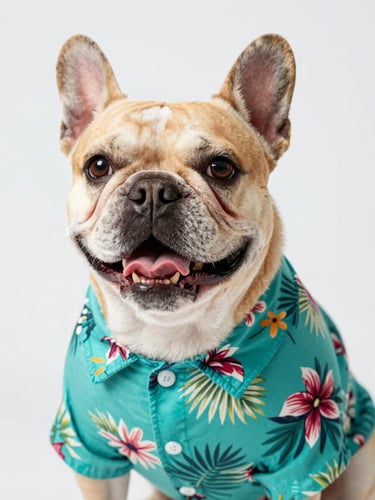 Eye-level close-up of a happy French bulldog wearing a vibrant teal tropical shirt, cheerful studio lighting, shallow depth of field, 35mm