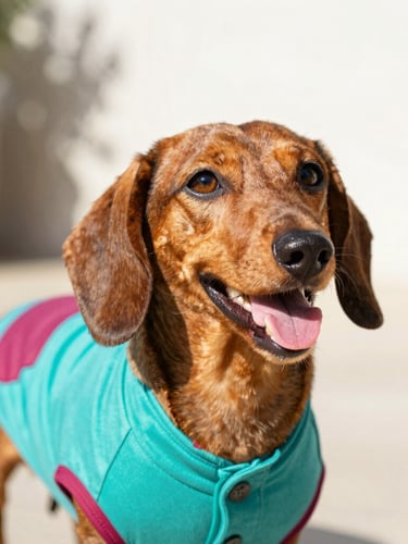 Bright joyful pet photography of a happy sausage dog wearing a colorful custom-tailored teal shirt, warm natural daylight, close-up focusing on perfect fit, 35mm