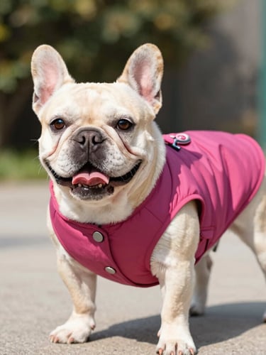 Eye-level medium shot of a happy French bulldog playing outdoors wearing a perfectly fitted berry pink vest, warm sunshine, shallow depth of field