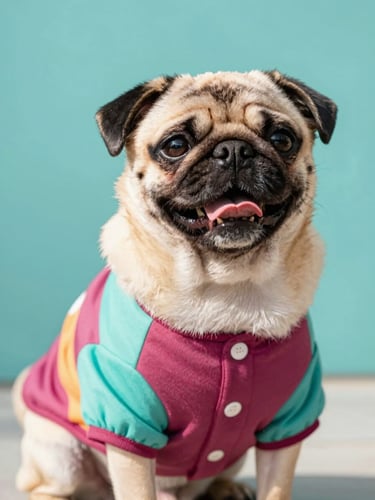 Bright joyful pet photography, a happy pug wearing a colorful custom-tailored shirt, warm natural daylight, teal background, shallow depth of field, 35mm