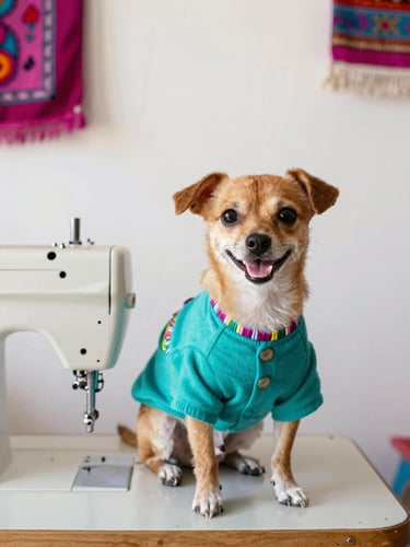 A happy small dog wearing a colorful handmade teal shirt, sitting proudly next to a sewing machine in a bright, warm Mexican workshop, daylight, 35mm
