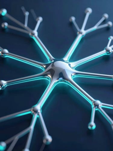 Macro 3D render of interconnected glowing neural pathways and silver data-flow nodes on a deep obsidian background, electric cyan edge highlights, octane render