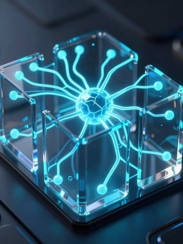 Macro close-up of a futuristic 3D digital structure, glowing electric cyan neural pathways weaving through translucent glassmorphic panels, dark luxury obsidian background, studio lighting, 8k