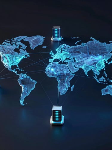Orthographic technical diagram of a global server network, interconnected glowing nodes across a dark stylized map, electric cyan and silver edge highlights, futuristic 3D render, 8k