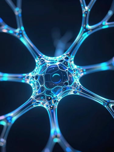 Macro close-up of glowing 3D neural pathways and interconnected glass nodes, electric cyan and deep blue neon edge highlights, dark obsidian background, octane render