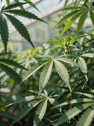 Sun-dappled greenhouse canopy with healthy green cannabis leaves reaching toward natural sunlight, soft outdoor shadows.