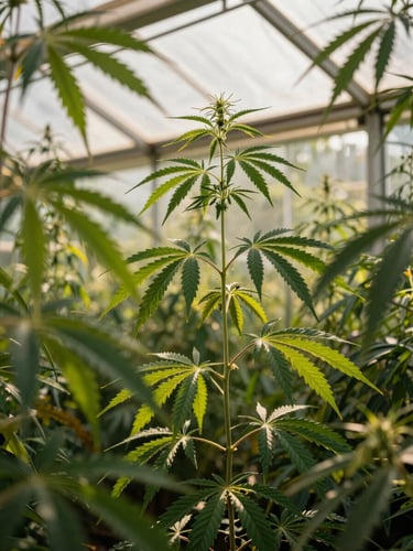 Sun-dappled greenhouse canopy in the Emerald Triangle, golden hour light filtering through healthy green cannabis leaves, soft natural shadows.