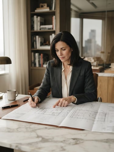 Medium environmental portrait of an executive in a tailored suit reviewing architectural blueprints on a marble desk, soft diffused natural window light, muted warm neutral tones, shallow depth of field, 35mm.