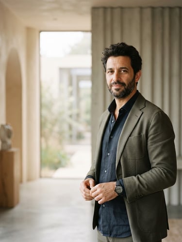 An editorial portrait of Mounnim Zoued in a minimalist architectural space, soft natural window light, muted warm neutral tones, shallow depth of field, 35mm