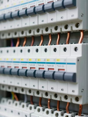 Macro detail shot of a modern, perfectly organized electrical breaker panel with clean copper wiring and labeled circuits, bright natural daylight, crisp focus