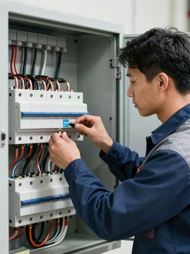 Crisp industrial photography of a professional electrician in clean branded gear neatly organizing copper wiring inside a modern breaker panel, bright natural daylight, sharp focus.