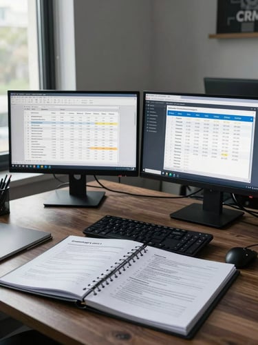 Wide shot of a workspace with two monitors showing ERP inventory data and CRM pipeline view simultaneously, physical binder open beside the screen showing printed compliance report, cool natural window light from left