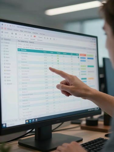 Medium close-up, cool office light, hands pointing at a wide monitor displaying a live enterprise dashboard with data tables and workflow status indicators, second screen visible in background, no faces, no smiles