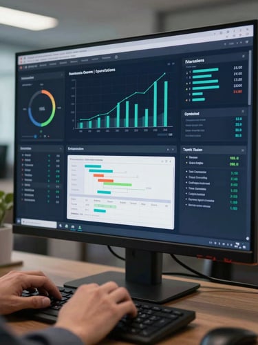 Close-up of an enterprise operations dashboard on a large monitor, multiple KPI charts and workflow status panels visible, cool office lighting, hands on keyboard in foreground, deep navy UI with data-dense layout