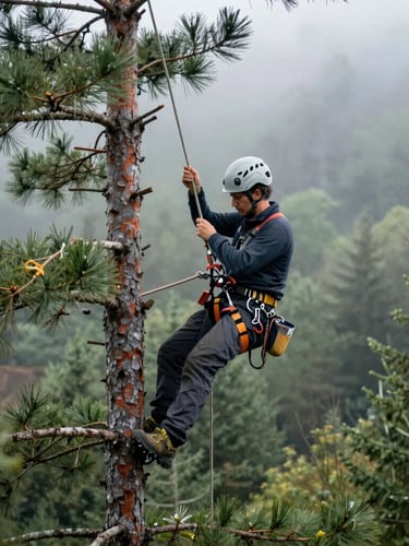 Professional arborist high in a pine tree canopy, wearing safety harness and helmet, adjusting climbing ropes, misty Black Forest background, diffuse daylight, technical focus.