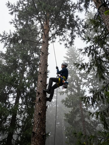Low angle shot of a professional tree climber in high-visibility gear rigging ropes high in a massive pine tree canopy, misty Black Forest morning light, sharp focus, 35mm