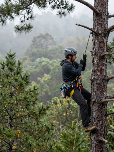 A professional tree climber high in a pine canopy, securing ropes and rigging equipment, misty forest background, sharp focus, 35mm