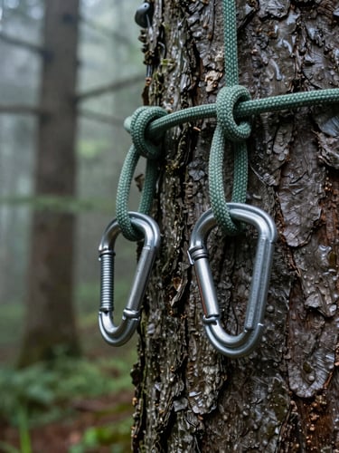 Close-up of professional climbing gear, heavy-duty carabiners and green ropes secured around a massive tree trunk, damp bark texture, 35mm