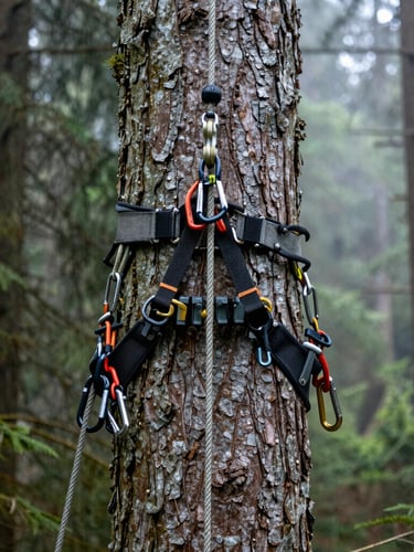 Professional arborist climbing harness, carabiners, and heavy-duty rigging ropes on a massive tree trunk, misty forest background, sharp focus, 35mm