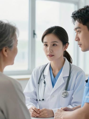 Medium close-up of a female doctor and a male nurse consulting with an elderly female patient in a bright, modern hospital room, soft natural window light, clean blue and white tones.