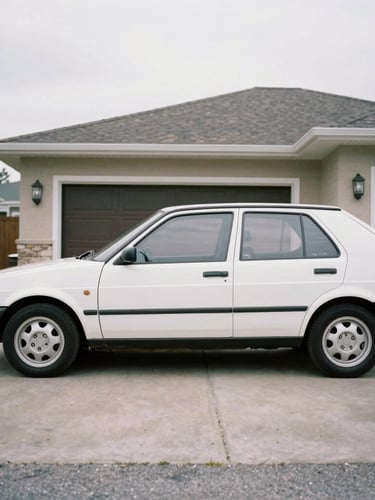 Side profile of a classic 1990s hatchback with minor front bumper damage, parked in a clean residential driveway, soft overcast daylight, documentary style, 35mm