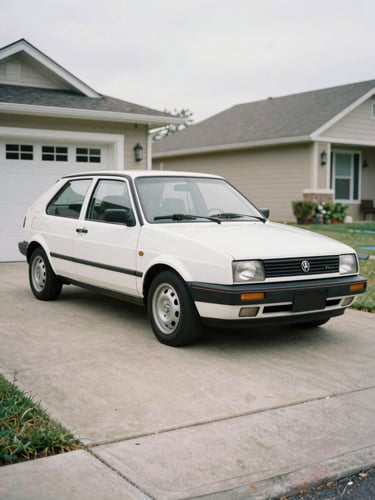 A realistic eye-level shot of a classic hatchback with minor front bumper damage, parked in a clean suburban driveway under overcast daylight, documentary style, 35mm