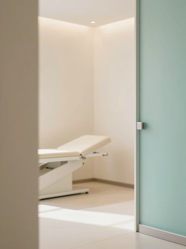 bright clinical photography of a modern minimalist clinic interior, soft diffused natural light, warm beige and soft teal tones, shallow depth of field, 35mm
