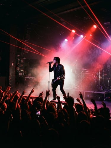 Dynamic low-angle shot of a live concert stage, electric crimson laser beams cutting through deep shadows, crowd silhouettes with raised hands, high contrast, 35mm lens.