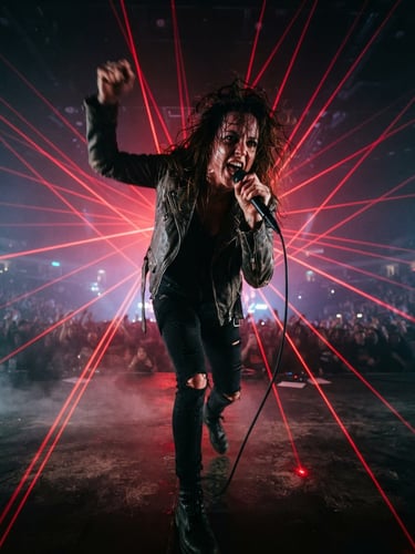 Low-angle action shot of a live concert performer surrounded by electric crimson laser beams and deep shadows, 35mm lens