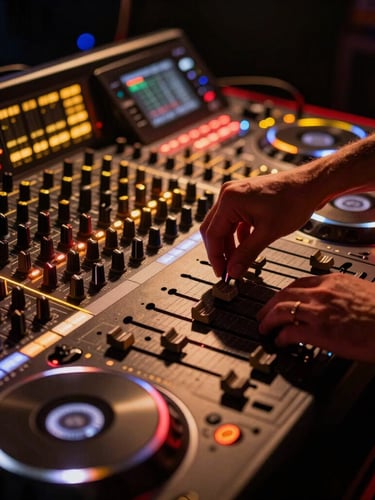 Close-up of professional audio mixing console and DJ decks, vibrant gold and crimson neon light trails, hands adjusting faders in high-contrast stage shadows
