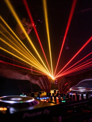 Tight action shot of a DJ deck with vibrant gold and red laser light trails, hands adjusting knobs mid-performance, deep shadows, high-contrast concert photography.