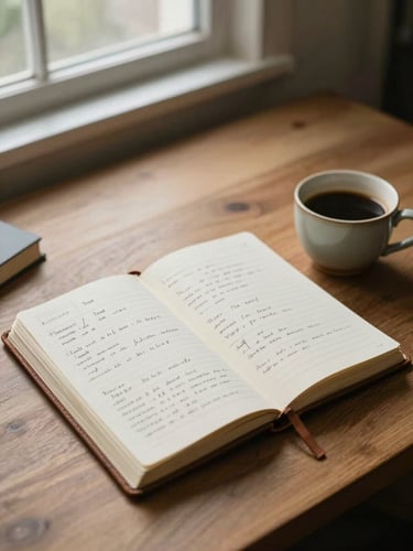 Wide environmental shot, a near-empty working desk seen from slight overhead, a worn leather notebook open to handwritten strategic notes, a ceramic cup of coffee to one side, north-facing window light raking across paper texture, muted warm tones, no people