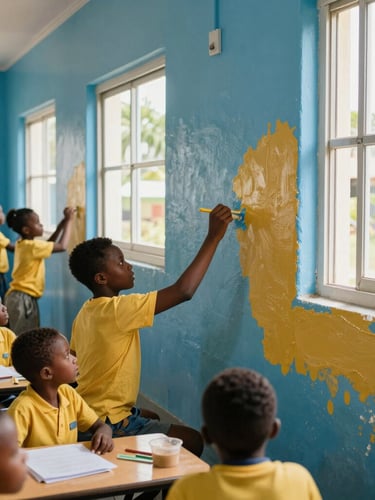 Candid medium shot of volunteers painting a vibrant primary school classroom wall in Jamaica, bright natural sunlight streaming through windows, hands-on action, 35mm editorial style.