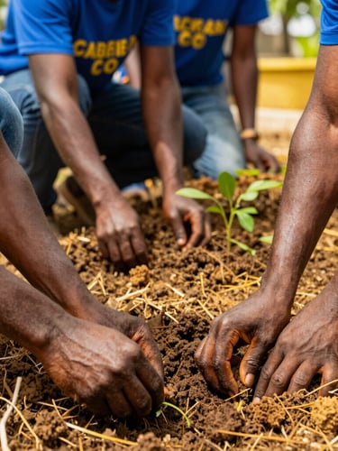 Hands of Jamaican volunteers planting a community garden in Oracabessa, rich soil, warm golden sunlight, close-up details, 35mm editorial.