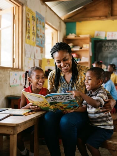 A candid medium shot of smiling Jamaican volunteers and children reading together under bright natural sunlight in a warm Oracabessa schoolroom, 35mm editorial photography.