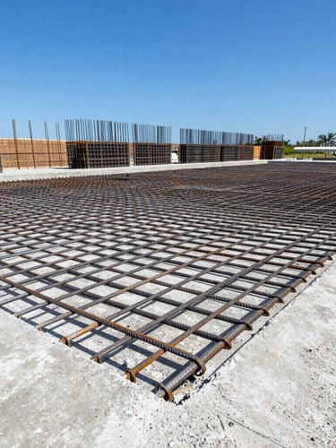Low-angle heroic shot of a reinforced steel rebar grid before a monolithic concrete pour, bright midday Florida sun reflecting off clean metal, blue sky background