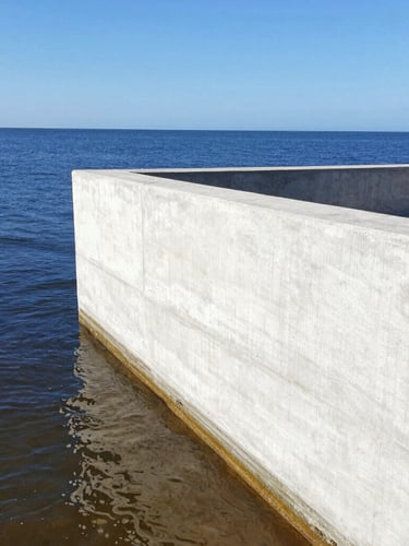 A finished monolithic concrete foundation wall on a Florida waterfront property, crisp white concrete contrasting with deep blue ocean water, bright midday daylight