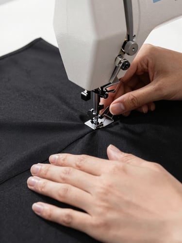 Hands guiding heavy black fabric through a high-end industrial sewing machine, focus on the clean stitch line, bright soft lighting.
