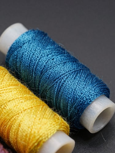 Macro close-up of vibrant embroidery threads on heavy industrial spools, minimalist dark background, sharp details.