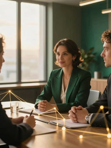 Confident professionals collaborating in an elegant, modern conference setting with glowing gold network lines subtly overlaid, warm editorial lighting, 35mm