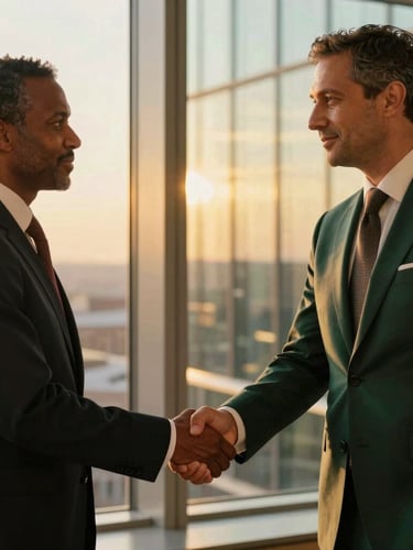A medium close-up of two diverse executives in tailored attire shaking hands during an elegant global summit, warm golden hour light reflecting off polished glass, 35mm