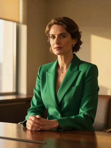 Luxurious editorial photography of a confident professional in an elegant emerald-toned boardroom, warm golden-hour window light, shallow depth of field, 35mm