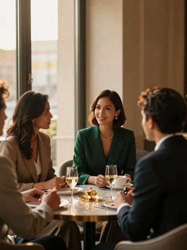Luxurious editorial photography of diverse professionals engaging in high-end networking, warm golden-hour window light, shallow depth of field, 35mm