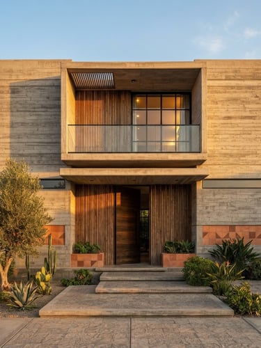 Straight-on architectural photography of a modern concrete house facade in Tacna, bright golden-hour sunlight casting warm shadows, clean lines and terracotta accents, 35mm lens