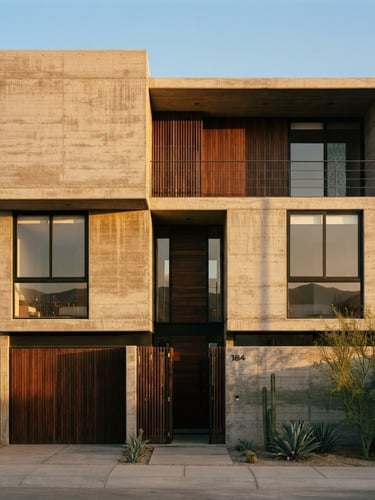 Straight-on architectural photography of a modern concrete residential facade in Tacna, warm golden-hour sunlight casting long shadows, clean lines, minimalist concrete and wood textures, 35mm lens